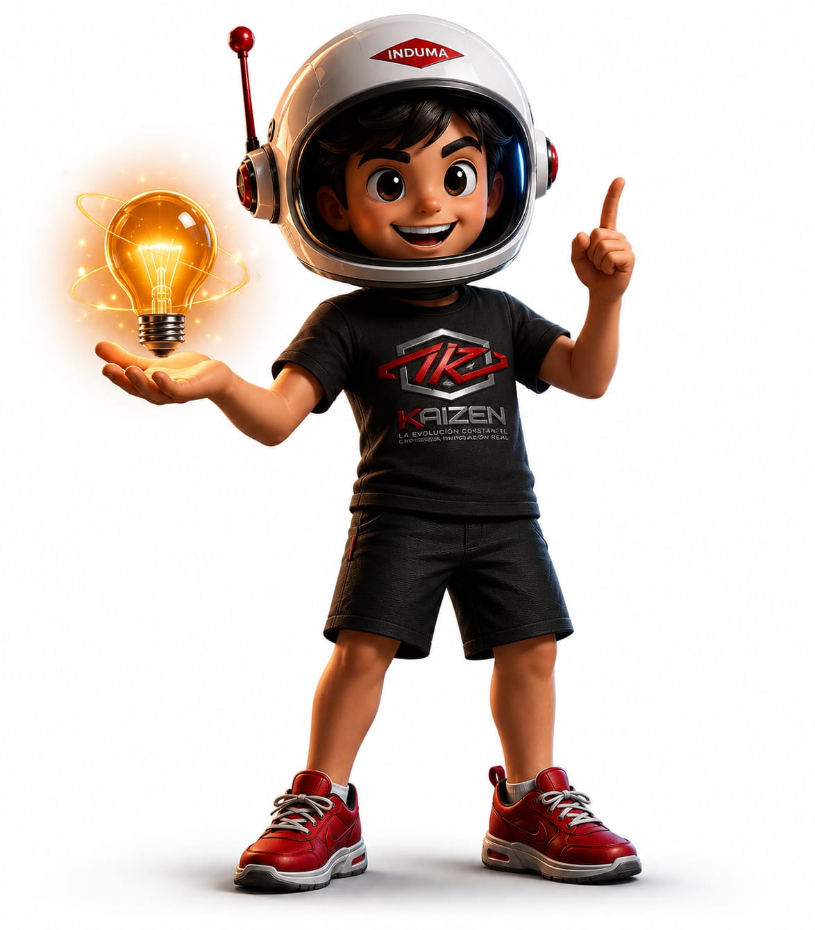 Personaje INDUMA con casco espacial sosteniendo una bombilla de ideas