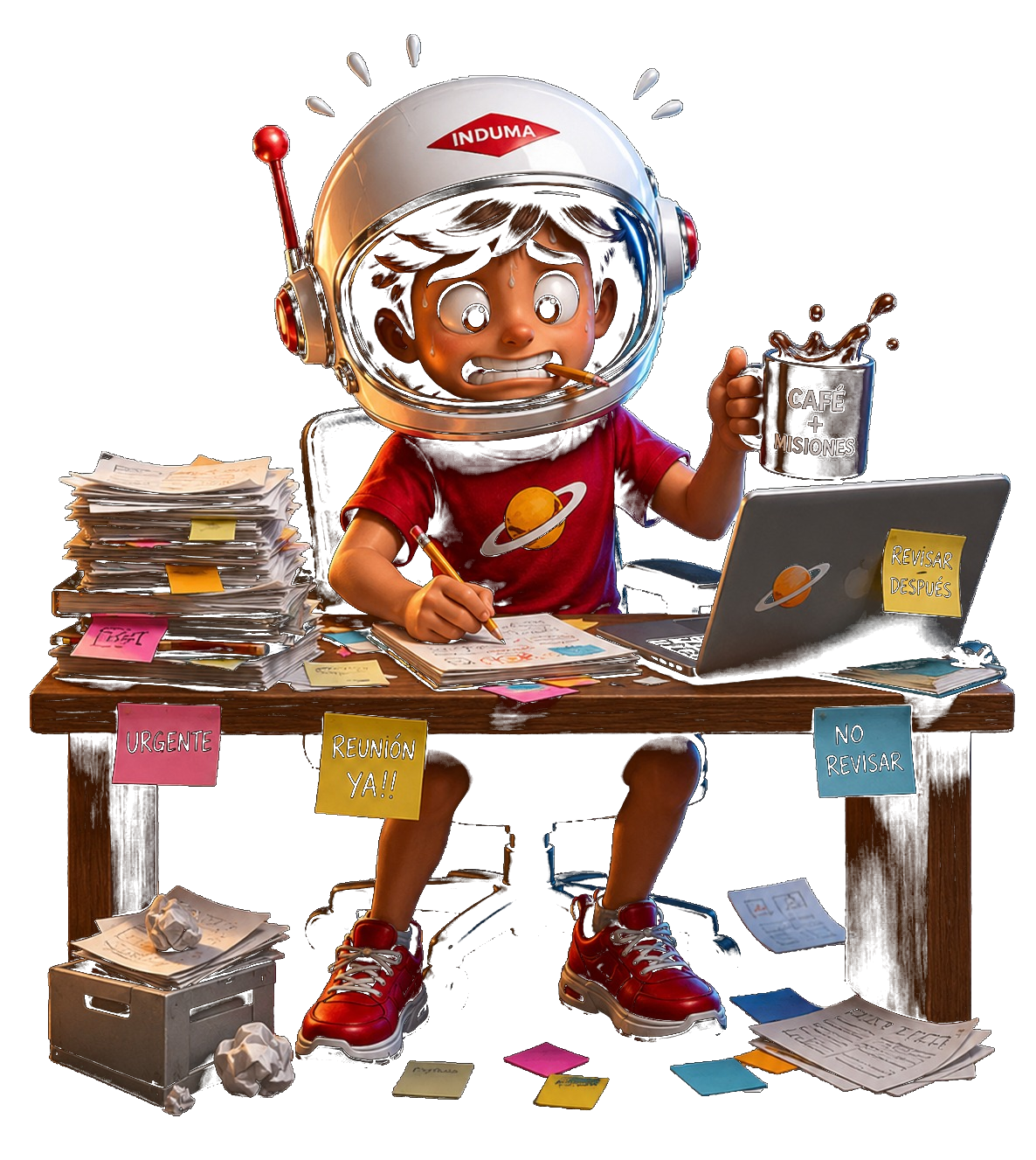 Personaje INDUMA trabajando con proyectos e ideas en construcción